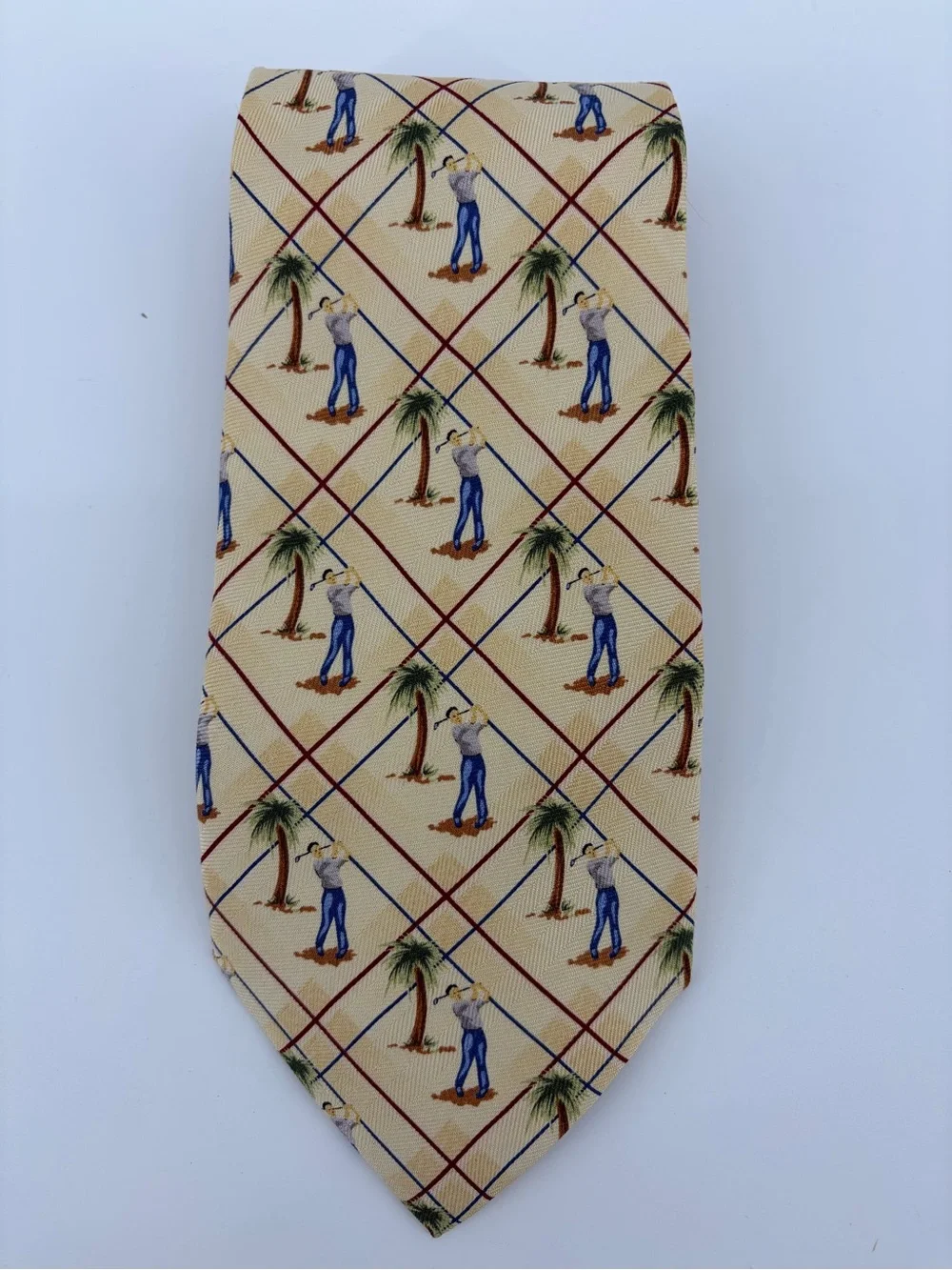 Tommy Bahama Men's Yellow Palm Tree & Golfer Pattern Neck Tie 100%‎ Silk NWT